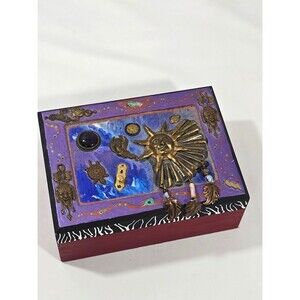 Vintage Trinket Box Celestial Wood Sun Moon jewled Handmade Signed keepsake
